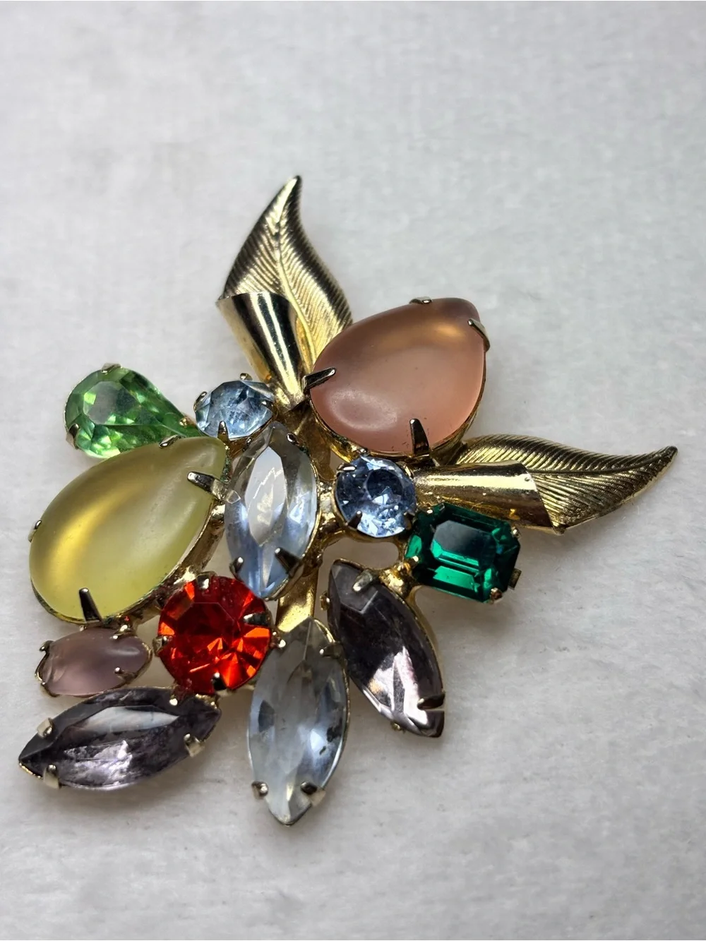 Vintage Uranium Glass Fruit Salad Brooch Pin Gold Tone UV Glow Rhinestone